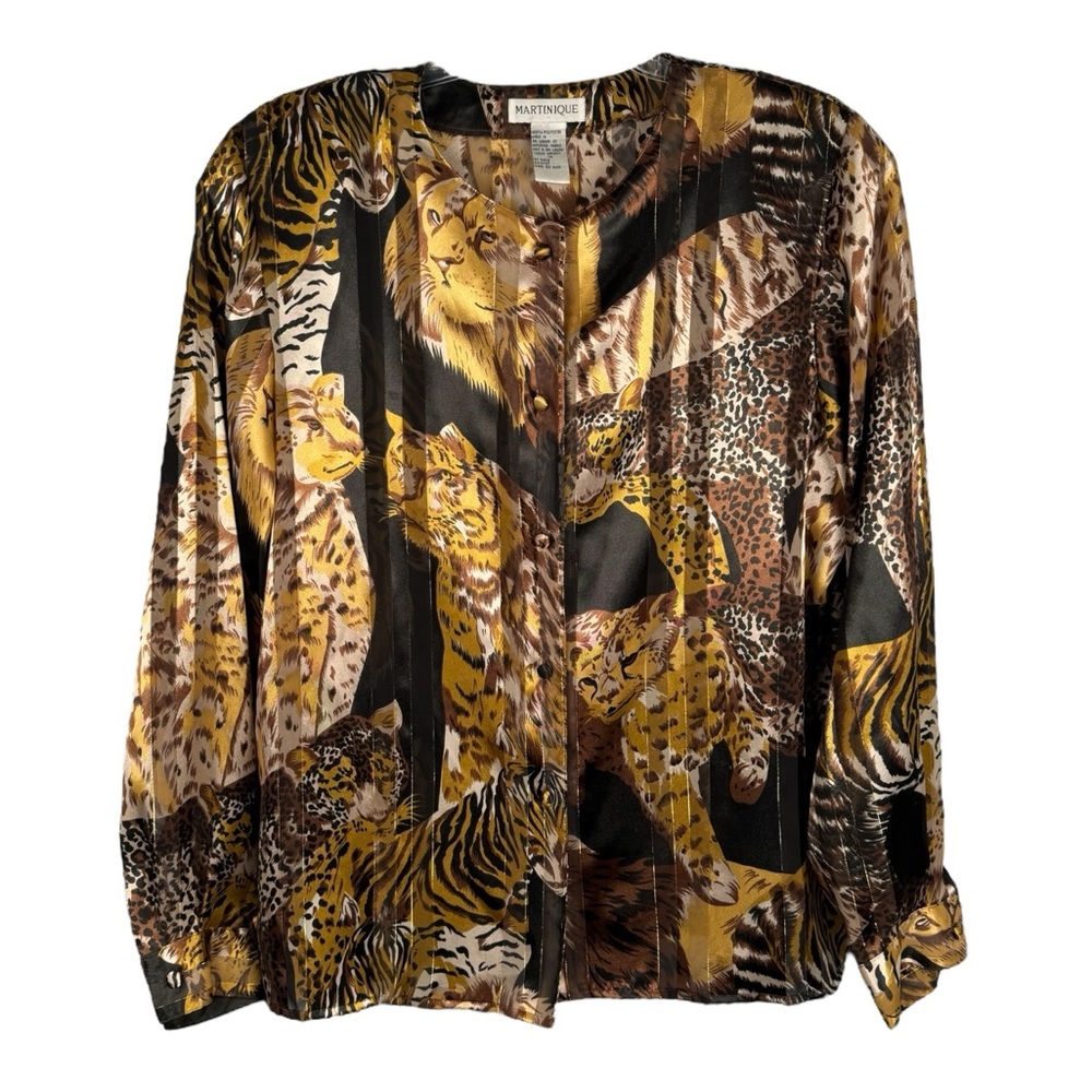 Martinique | Vintage 80’s Animal Cheetah Cat Print Satin Button Down Blouse